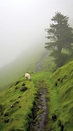 A misty lonely green rolling hillside at the top of a cliff in Scotland, a dark forest recedes in the distance, the sky is lifeless and grey, a town can be seen in the morning hazy fog below, the light of the divine no longer touches here, sadness swallows the soul, a shepherd walks behind his small herd of sheep, a single shack and it's owner stare out from the top of the hill --ar 9:16 --v 5.1