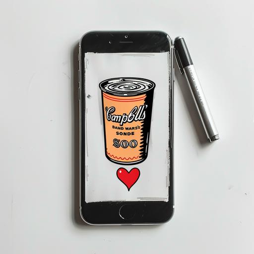 A mobile phone drawing white background.mobile phone app screen with Andy Warhol Campbell's Soup poster a photo of Andy Warhol Campbell's Soup on the screen,heart icon at the bottom of the screen black ink fountain pen hand drawn medium weight outline, white background, rough, front view. hand drawn pop culture 80s cartoon style