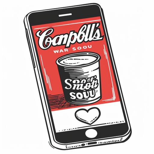 A mobile phone drawing white background.mobile phone app screen with Andy Warhol Campbell's Soup poster a photo of Andy Warhol Campbell's Soup on the screen,heart icon at the bottom of the screen black ink fountain pen hand drawn medium weight outline, white background, rough, front view. hand drawn pop culture 80s cartoon style