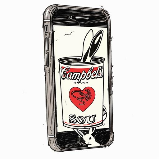 A mobile phone drawing white background.mobile phone app screen with Andy Warhol Campbell's Soup poster a photo with small heart app icon , Andy Warhol Campbell's Soul on the screen inside rabbit face at the bottom of poster, black ink fountain pen hand drawn medium weight outline, white background, rough, front view. hand drawn pop culture 80s cartoon style