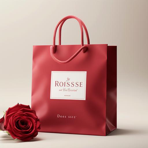 A mock-up of a square red paper bag with rope handles. The bag is labelled 