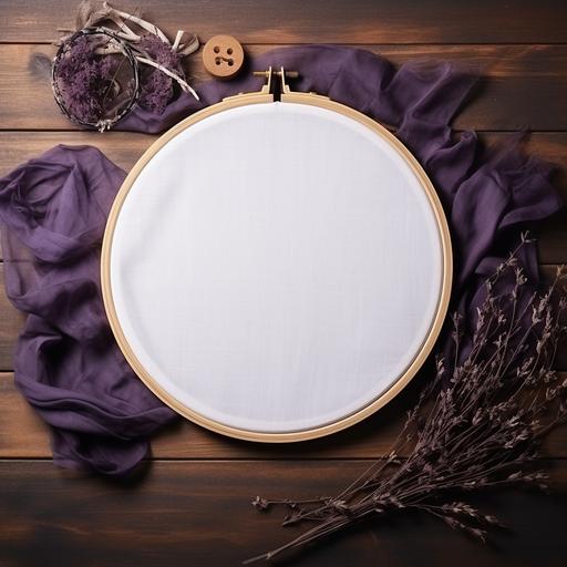 A mockup for embroidery, a stretched white fabric in an embroidery hoop. A realistic photo taken from above on wood. With a witchy and mysterious ambiance. Include a purple amethyst and a stick of white sage.