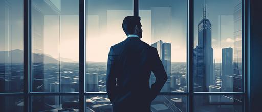 A monochromatic corporate illustration, centered on Dark Cerulean Blue specifically HEX color #005293. This illustration have a minimalistic and modern style. The illustration is about a close-up of a single person in formal dress, hi is a Compliance Director of a Big Company, He is looking through the window of his office. The image is a close-up at 40 cm distance of the face, the Director is in front of the window, his face is subtly reflected in it. This photo  coul be a good reference for the Corporate Monochromatic Illustration --ar 7:3