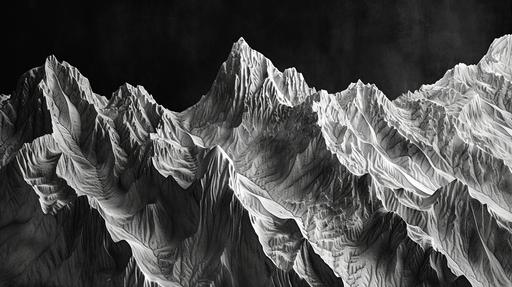 A monochromatic scene of a mountain range with intricate textures, each peak and valley representing the highs and lows of a symphonic piece. Created Using: black and white mountains, detailed textures, peak and valley symbolism, natural harmony, depth of field, contrasting shadows, majestic scale --ar 16:9 --v 6.0