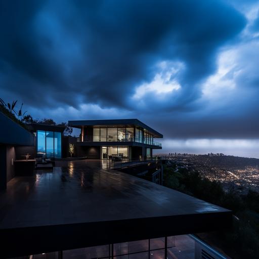 A moody and dark empty house with a balcony around 20 feet long, it is a modern house overlooking Los Angeles at dusk, there is very little light and the lighting is light blue and moody. The clouds are very descriptive and dark, filled with evil, the starts show through the clouds making it slighter lighter, the camera is a unique angle and it shows the whole of LA from the balcony, it also has a infinity pool. 8K, Hyperealistic, moody, low lights, dark, hyper detailed, 8K,––ar 16:9 --ar 1:1