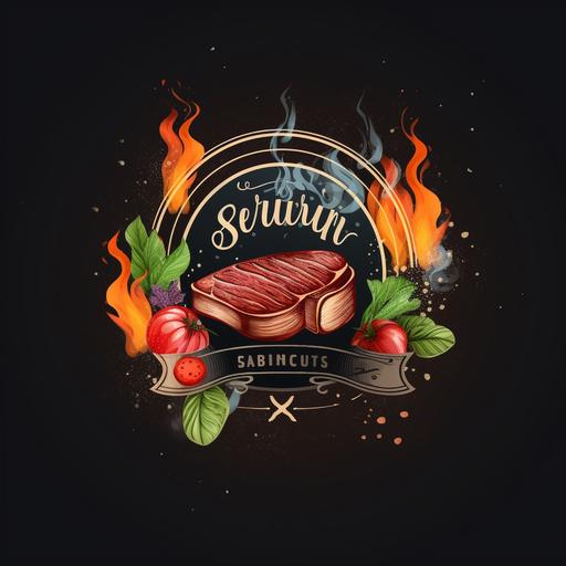 A mouthwatering BBQ & Cuisine logo featuring a juicy grilled steak, seared grill marks, sizzling with flavor, surrounded by fresh vegetables and herbs, a subtle hint of smoke rising in the background, capturing the essence of savory delight, Photography, close-up shot with a macro lens, --ar 1:1 --v 5