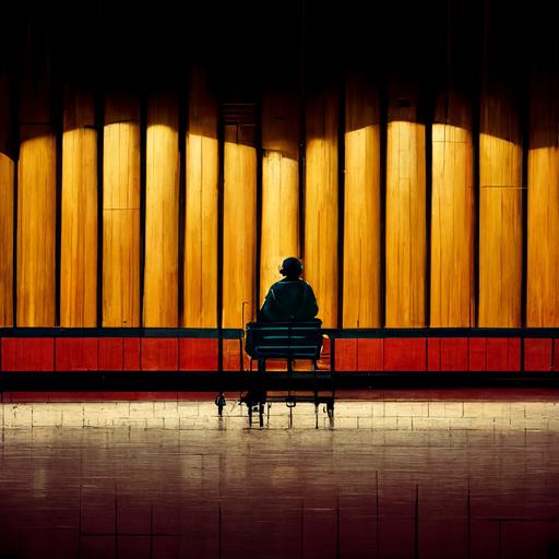 A musician sitting alone in an empty audience seat