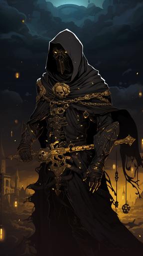 A mysterious figure with a black mask and hooded cloak, His face is asterism flowing out of his cloak, adorned with a variety of colored stones. The figure is holding a golden sword with a black handle, attached to a golden rod. The background is a dark foreboding asterism with a castle in the distance, set in a macabre postapocalyptic world --ar 9:16