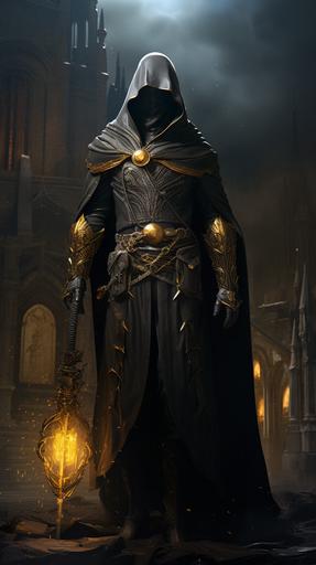 A mysterious figure with a black mask and hooded cloak, His face is asterism flowing out of his cloak, adorned with a variety of colored stones. The figure is holding a golden sword with a black handle, attached to a golden rod. The background is a dark foreboding asterism with a castle in the distance, set in a macabre postapocalyptic world --ar 9:16