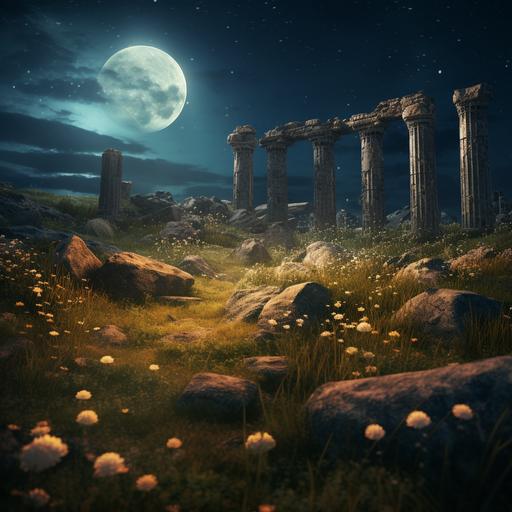 A natural and weathered archaeological site with old columns and sarcophagi. It's night, moon and star lights, sad grass and flowers.