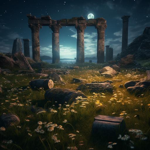 A natural and weathered archaeological site with old columns and sarcophagi. It's night, moon and star lights, sad grass and flowers.