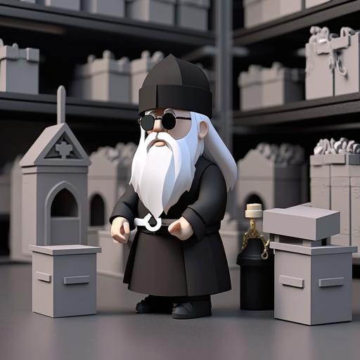 A nendroid style priest with a long grey beard and a cross around his neck in black round priest's hat in high white sneakers and black sunglasses disassembling boxes of shoes in the warehouse. 3D, Logo, Nendroid style