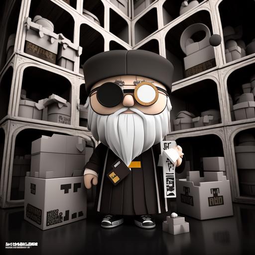 A nendroid style priest with a long grey beard and a cross around his neck in black round priest's hat in high white sneakers and black sunglasses disassembling boxes of shoes in the warehouse. 3D, Logo, Nendroid style