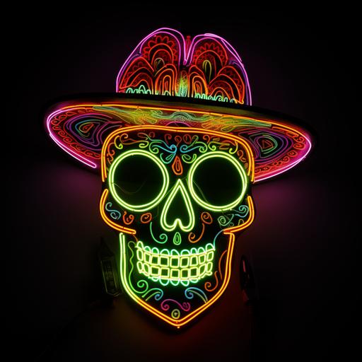 A neon skull in a sambrero