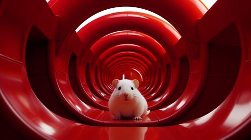 A nervous man in a fuzzy hamster costume, center frame, running through a stark hallwaysimple funroom playland, surreal minimalism, minimalistic dreamcore, simple design, amusement park with a series of sprawling intricate plastic waterslide tubes and tunnels, junction, ELO, bold colors, 