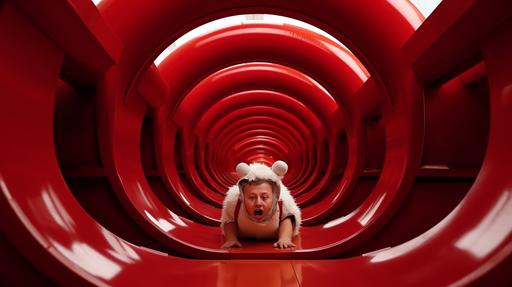 A nervous man in a fuzzy hamster costume, center frame, running through a stark hallwaysimple funroom playland, surreal minimalism, minimalistic dreamcore, simple design, amusement park with a series of sprawling intricate plastic waterslide tubes and tunnels, junction, ELO, bold colors, 