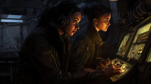 A nineteen-year-old black-haired Romanian woman in a black coverall at a cramped submarine control station with a tall mixed-race French woman in a black coverall watching a holographic display above, photo realistic, extra detailed --ar 16:9 --v 5.2
