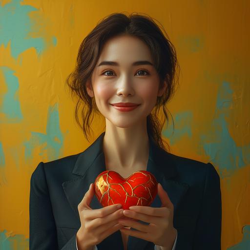 A optimistic looking smiling business woman, Holding a small red heart whose fractures have been gilded and made to shine using the technique. Japanese Kintsugi, Warm. photorealistic portrait , Ultra detailed, natural looking, colorful magic light, modern photographic style, calm petrol-colored background --s 250 --v 6.0