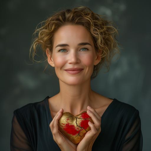 A optimistic looking smiling european business woman, Holding a small red heart whose fractures have been gilded and made to shine using the technique. Japanese Kintsugi, Warm. photorealistic portrait , Ultra detailed, natural looking, colorful magic light, modern photographic style, calm petrol-colored background --s 250 --v 6.0