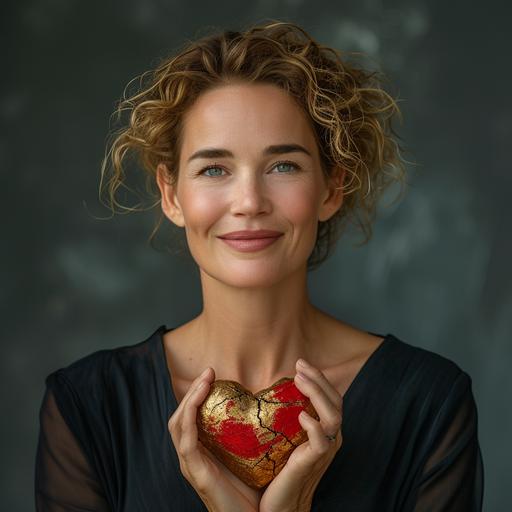 A optimistic looking smiling european business woman, Holding a small red heart whose fractures have been gilded and made to shine using the technique. Japanese Kintsugi, Warm. photorealistic portrait , Ultra detailed, natural looking, colorful magic light, modern photographic style, calm petrol-colored background --s 250 --v 6.0