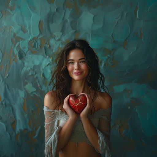 A optimistic looking smiling woman, Holding a small red heart whose fractures have been gilded and made to shine using the technique. Japanese Kintsugi, Warm. photorealistic portrait , Ultra detailed, natural looking, colorful magic light, modern photographic style, calm petrol-colored background --s 250 --v 6.0
