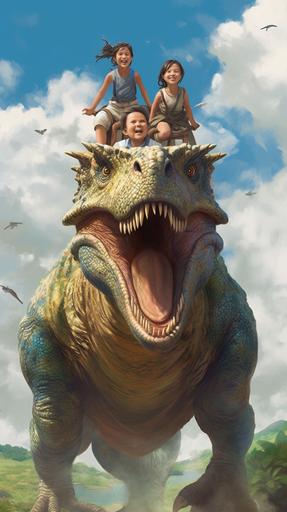 A painting in the style of hyperrealistic portraiture depicts three children riding on the back of a dinosaur, raising their hands in celebration. The artwork features a vibrant blue::3 sky, lush green::4 jungle, and draws inspiration from Andreas Rocha and Donato Giancola. The painting is rendered in ultra-high definition, creating an intense sense of proximity and showcasing the atmosphere of wild nature and harmonious interaction between humans and animals. --seed 1621492348 --chaos 30 --ar 9:16 --v 5.1 --s 250