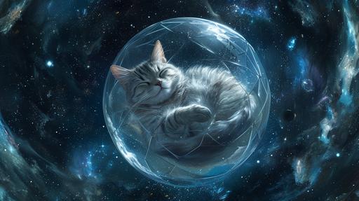 A painting of a Ghibli-inspired geodesic bubble with an adult shorthair solid gray housecat inside, he has a white underbelly and white paws, in a science fiction space setting. Featuring a fantasy ambiance. The cat, centrally placed, sleeps peacefully inside the geodesic bubble flying through a starfield. --ar 16:9 --v 6.0 --style raw