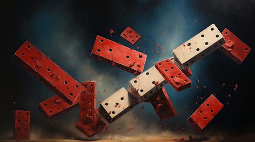 A painting of a series of dominos falling, representing the chain reaction of actions --ar 16:9