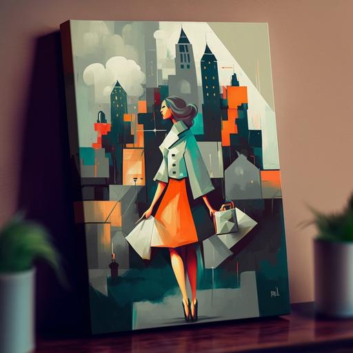 A painting of an abstract modern city on a small rectangular canvas. The painting depicts buildings and a fashionable girl in a dress
