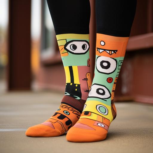 A pair of mid length socks with color patches and elements of sad frog eyes, lips, and feet. Add Christmas elements, Dark Time, Dark Orange, Light Yellow