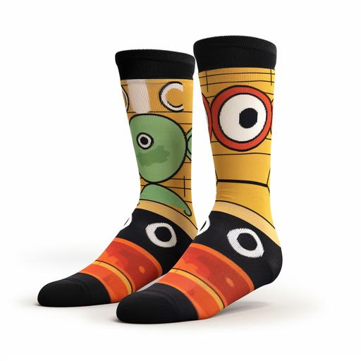 A pair of mid length socks with color patches and elements of sad frog eyes, lips, and feet. Add Christmas elements, Dark Time, Dark Orange, Light Yellow