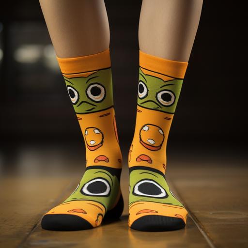 A pair of mid length socks with color patches and elements of sad frog eyes, lips, and feet. Add Christmas elements, Dark Time, Dark Orange, Light Yellow