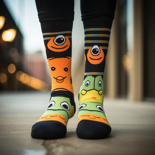 A pair of mid length socks with color patches and elements of sad frog eyes, lips, and feet. Add Christmas elements, Dark Time, Dark Orange, Light Yellow