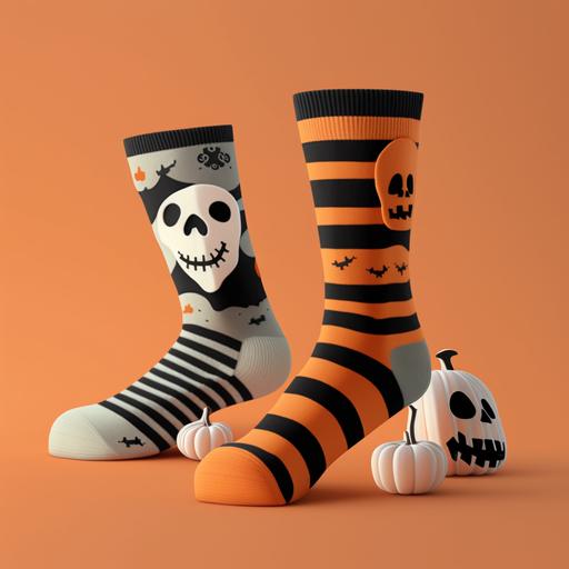 A pair of socks with Halloween-themed patterns, such as orange and black stripes, pumpkin faces, ghosts, bats, or spiders. The socks might also have little decorations attached to them, like tiny plastic skeletons or bats.