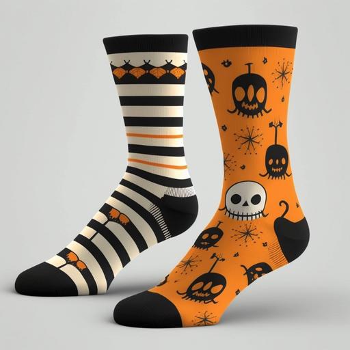 A pair of socks with Halloween-themed patterns, such as orange and black stripes, pumpkin faces, ghosts, bats, or spiders. The socks might also have little decorations attached to them, like tiny plastic skeletons or bats.