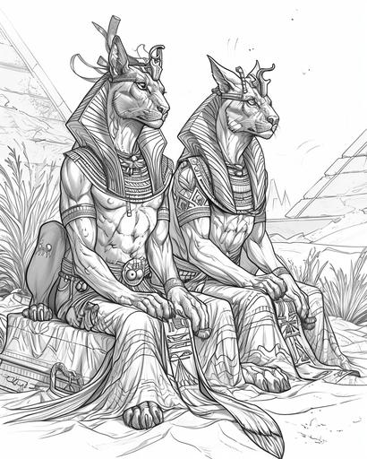 A pair of sphinxes engaged in a riddle contest, their enigmatic questions forming a duet that echoes across the desert sands, coloring page for adults, thick lines, black and white, no shading --ar 4:5 --v 6.0