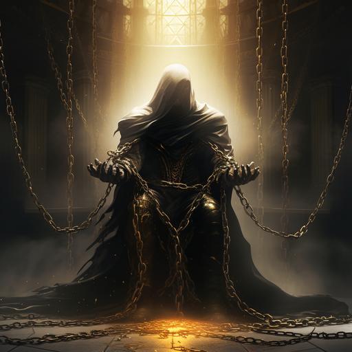 A pale , bald necromancer is on his knees.He wears elegant black hooded robes. His eyes are socket of bottomless black. He is being dragged to the floor by bright golden chains.The chains wrap around his entire body. The chains come down from the clouds.Dynamic pose.Backround is a throne room