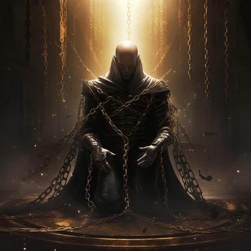 A pale , bald necromancer is on his knees.He wears elegant black hooded robes. His eyes are socket of bottomless black. He is being dragged to the floor by bright golden chains.The chains wrap around his entire body. The chains come down from the clouds.Dynamic pose.Backround is a throne room
