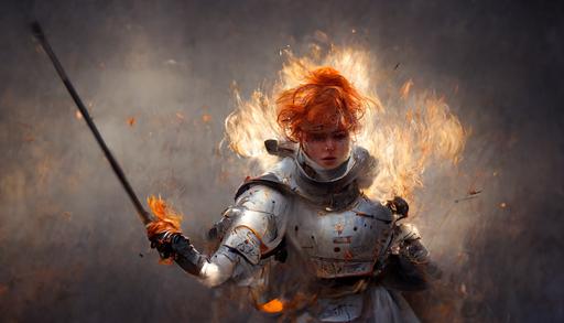 A pale orange haired female knight character casts a fire spell in one hand and swings a rapier, action, motion blur, full body, light armor, wounded people on the ground, hyper-realistic, battlefield, atmospheric lighting, wide angle, --ar 16:9