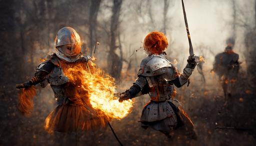 A pale orange haired female knight character casts a fire spell in one hand and swings a rapier, action, motion blur, full body, light armor, wounded people on the ground, hyper-realistic, battlefield, atmospheric lighting, wide angle, --ar 16:9