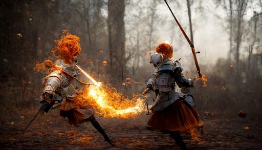 A pale orange haired female knight character casts a fire spell in one hand and swings a rapier, action, motion blur, full body, light armor, wounded people on the ground, hyper-realistic, battlefield, atmospheric lighting, wide angle, --ar 16:9