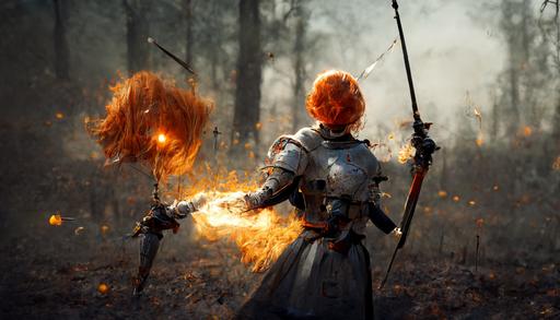 A pale orange haired female knight character casts a fire spell in one hand and swings a rapier, action, motion blur, full body, light armor, wounded people on the ground, hyper-realistic, battlefield, atmospheric lighting, wide angle, --ar 16:9