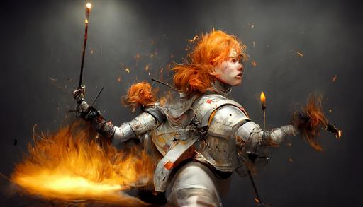 A pale orange haired female knight character casts a fire spell in one hand and swings a rapier, action, motion blur, full body, light armor, wounded people on the ground, hyper-realistic, battlefield, atmospheric lighting, wide angle, --ar 16:9