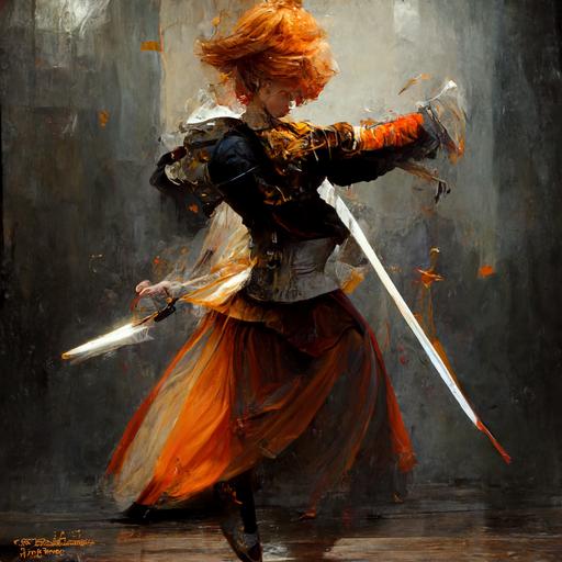 A pale orange haired female knight character casts a spell in one hand and swings a rapier, action, motion blur, full body, light armor, wounded people on the ground, style of seb mckinnon