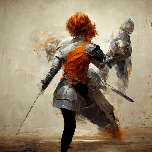 A pale orange haired female knight character casts a spell in one hand and swings a rapier, action, motion blur, full body, light armor, wounded people on the ground, style of seb mckinnon