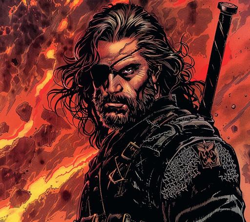 A panel from an old comic book. A ruggedly handsome man with long hair and a beard, wearing black leather armor over his simple . He has one eye patch covering his left eye. In the background is hell. In the style of Frank Miller's Sin City comics. --ar 37:33