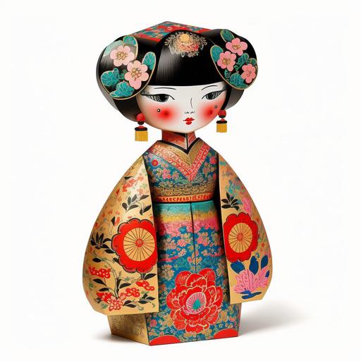 A paper mache Chinese doll with cartoon design with bright colors and patterns inspired by Chinese culture. It can have traditional Chinese clothing