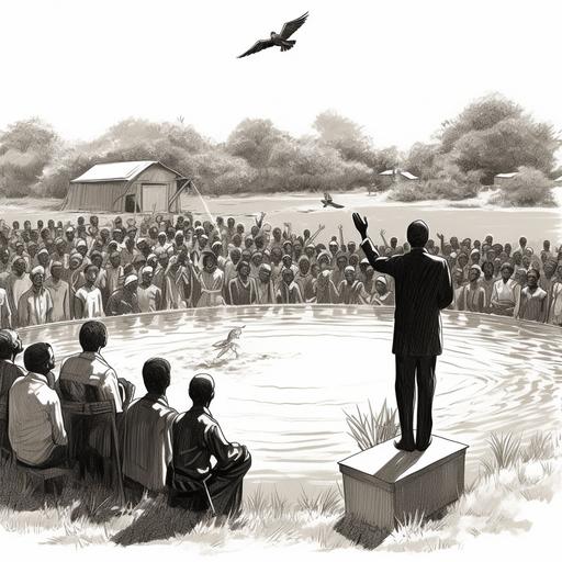 A pastor of the evangelical church in a black shirt and white scarf is seen preaching his sermon and next to him on his right is a single water striders (gerridae) wingless wingless bug with four legs and a proboscis walking on the water of a baptismal font and in the background you can see the audience of parishioners sitting in chairs.