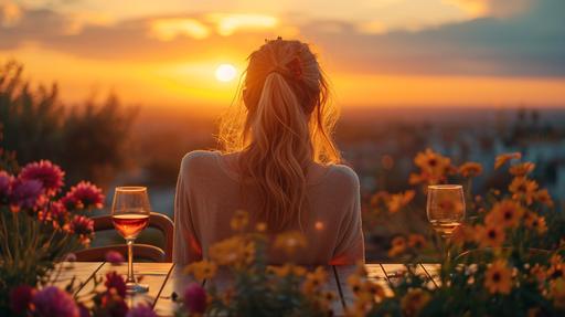A patio table on a balcony. Flowers and wine glasses half empty are on the table, A heliocentric sunsets casts chaos and light, as a woman clears up looking at the view --ar 16:9 --s 750 --v 6.0