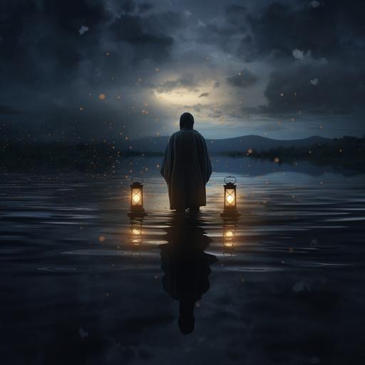 A peaceful image of a person standing by the shore of a calm lake, releasing a lantern into the night sky. This symbolizes the release of grief and the journey towards peace and acceptance during the mourning process.